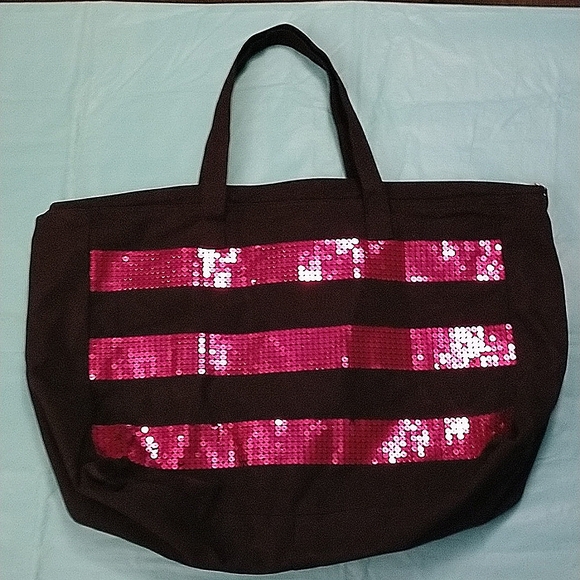 GUC Victoria's Secret Black & Pink Canvas Tote Bag - Picture 3 of 12
